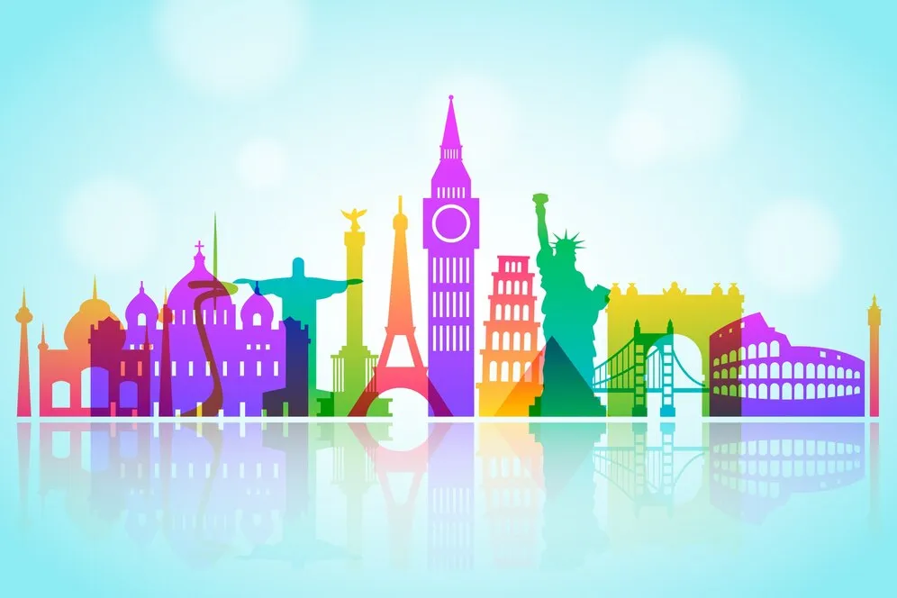 Vector illustration of famous world landmarks, including the Eiffel Tower, Statue of Liberty, and Big Ben.