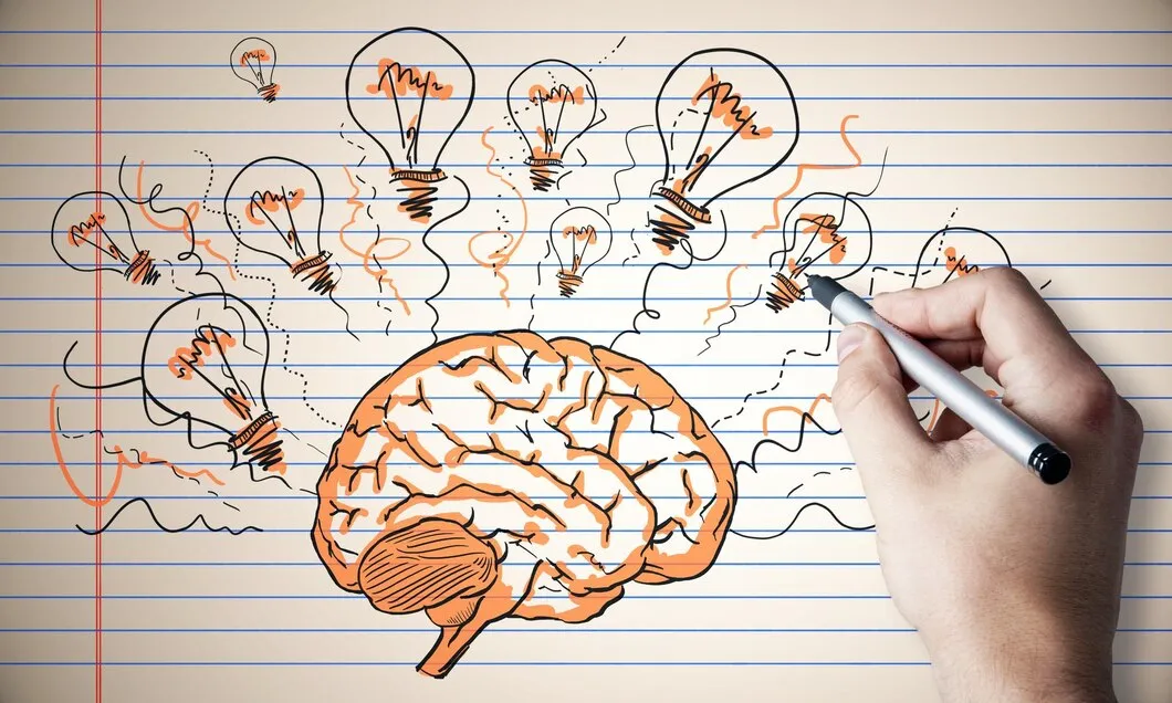 Hand-drawn illustration of a brain with light bulbs, symbolizing creativity and innovative ideas.