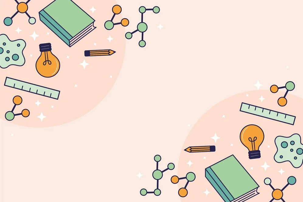Science-themed illustration with books, light bulbs, atom models, pencils, and rulers arranged on a peach and beige background.