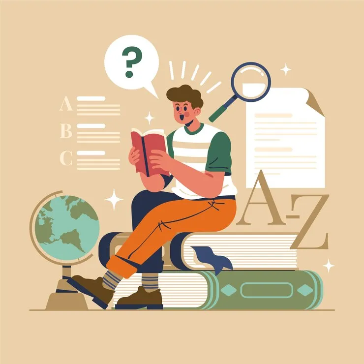 A man sits atop a stack of books, engrossed in reading another book in a cozy, well-lit environment.