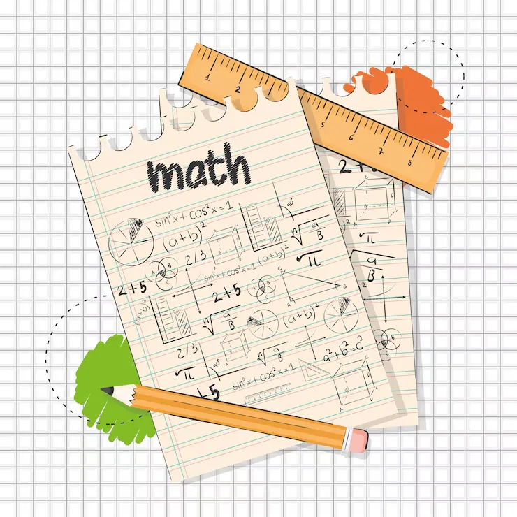 Red rulers, protractor, pen, and geometric shapes on a grey surface with graph paper in the background.